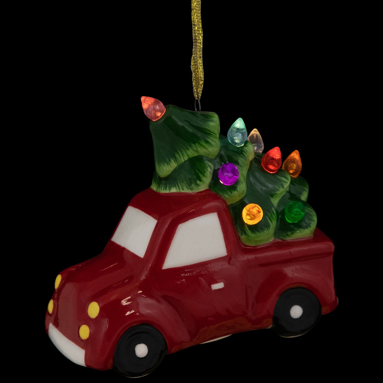 Northlight Lighted Truck with Christmas Tree Ceramic Ornament - 3.75" - Red and Green